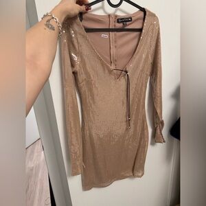 Crystal Doll Shimmering Tan Long Sleeve Dress